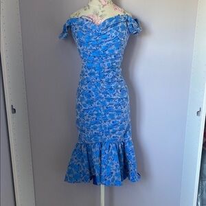 Theia Blue and White Off-Shoulder Sheath Dress